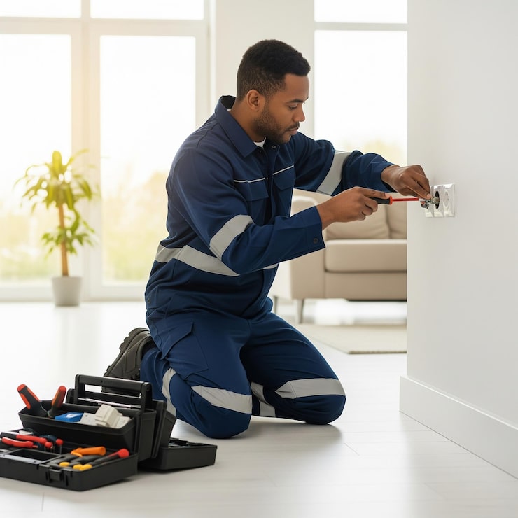 electrician with dark skin tone repairing wall socket clean modern room wearing uniform us 466984 341