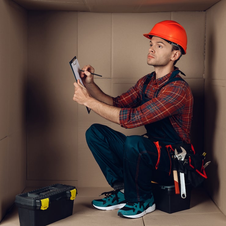 worker orange helmet sitting cardboard box 85574 10162