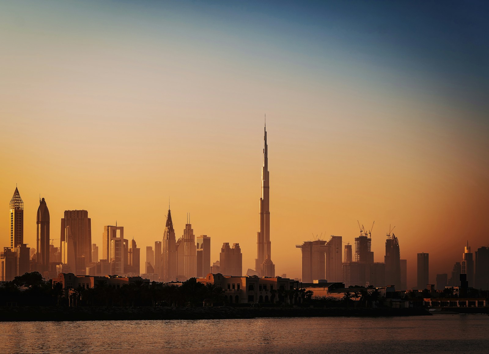Dubai skyline with Burj Khalifa at sunset